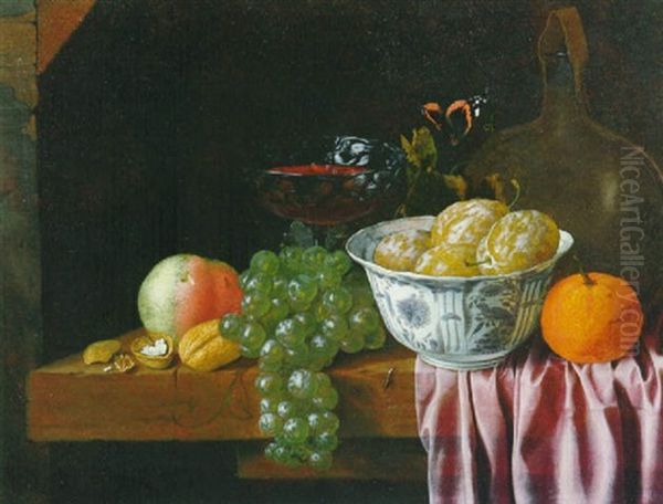 Still Life Of Fruit In A Blue And White Bowl, With Grapes,  Nuts, An Orange And Other Objects, All On A Draped Table Oil Painting by David Davidsz. de Heem the Younger