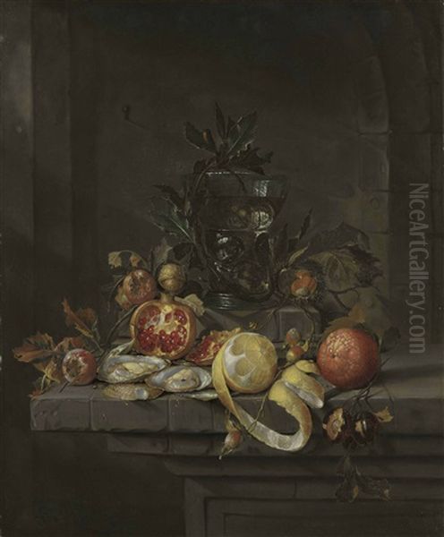 Pomegranates, Chestnuts, A Walnut, An Orange, And A Partially Peeled Lemon, With Oysters And A Roemer<br/>, On A Stone Ledge, In A Niche Oil Painting by Cornelis De Heem