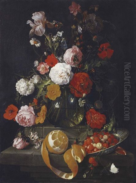 Roses, Poppies, Lillies And Other Flowers In A Glass Vase On A Stone Shelf, A Peeled Orange And Raspberries In A Wan Li Bowl On A Stone Ledge Below Oil Painting by Cornelis De Heem