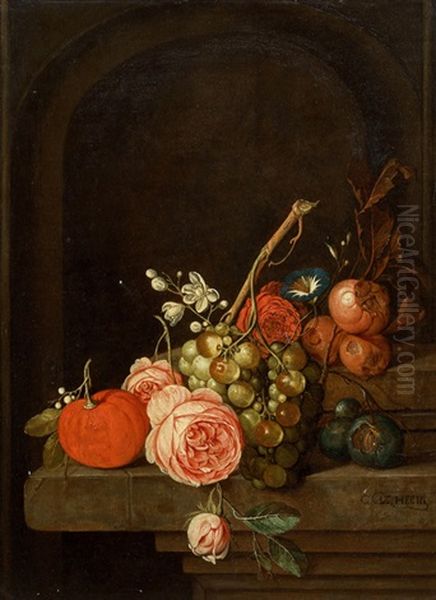 Stilleben Mit Blumen Und Fruchten Auf Einem Steinpodest Oil Painting by Cornelis De Heem