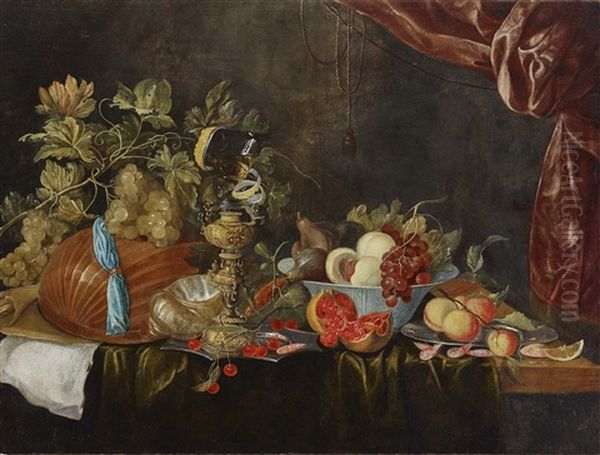 Still Life Of Fruits, Lute, Silver Goblet And A Roemer Wine Glass by Cornelis De Heem