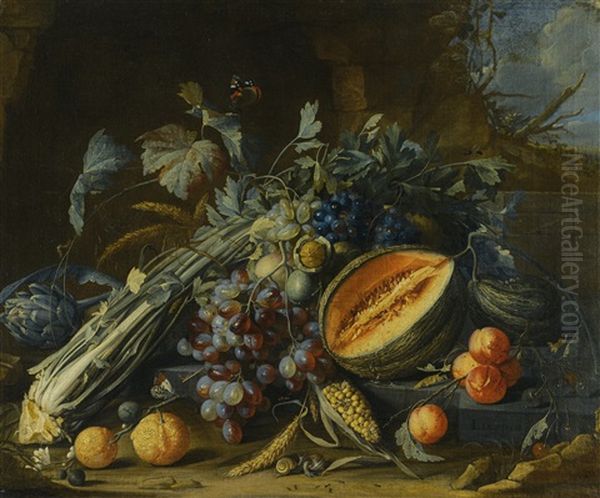 Still Life Of Fruit, Including A Melon, Grapes, Oranges And Peaches, Together With An Artichoke, Celery, Walnuts And Corn, Arranged On A Ledge With Butterflies And Snails Before A Stone Grotto In A Landscape Oil Painting by Cornelis De Heem