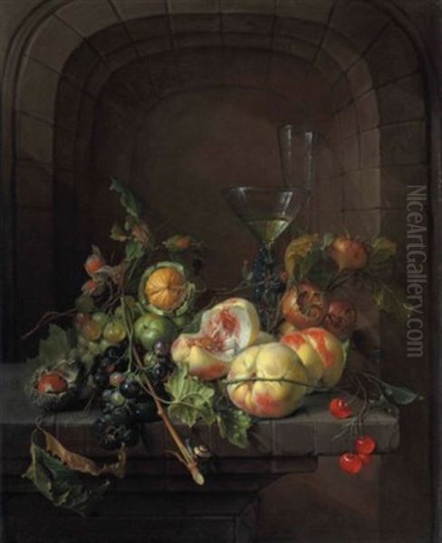 Peaches, Grapes, Medlars, Walnuts, A Hazelnut, Cherries, And Black Raspberries With A Snail, A Facon De Venise Glass Of Wine, And A Flute Glass On A Stone Ledge Before A Niche Oil Painting by Cornelis De Heem