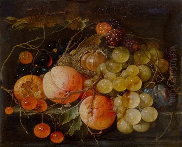 Still Life Of Fruits With Peaches And Grapes On A Stone Slab Oil Painting by Cornelis De Heem