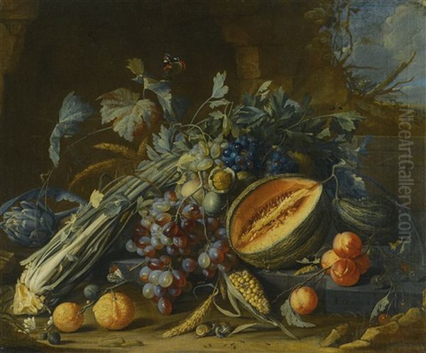 Still Life Of Fruit, Including A Melon, Grapes, Oranges And Peaches, Together With An Artichoke, Celery, Walnuts And Corn, Arranged On A Ledge With Butterflies And Snails Before A Stone Grotto In A Landscape by Cornelis De Heem