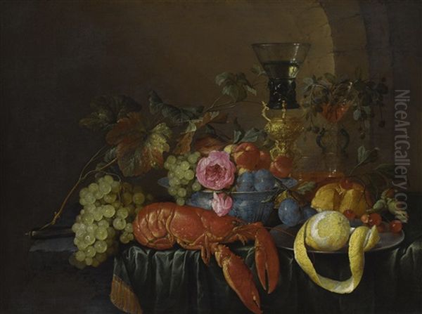 Still Life With A Lobster, A Peeled Lemon On A Pewter Plater, A Roemer, And Fruits On A Stone Ledge With A Green Drape Oil Painting by Cornelis De Heem