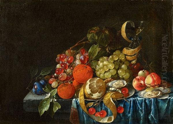 Fruit Still Life With Oysters And A Wine Glass Oil Painting by Cornelis De Heem