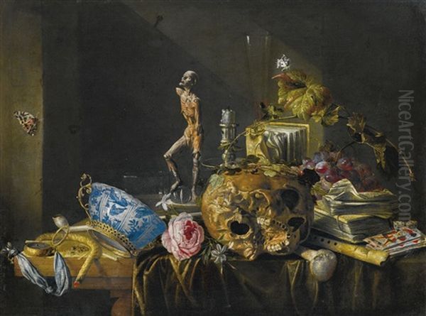 A Vanitas Still Life With A Skull And An Ecorche, On A Draped Table Oil Painting by Cornelis De Heem