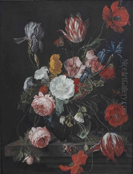 Tulips, Poppies, Anemones, Irises, Roses, Morning Glory And Blackberries With Butterflies In A Glass Vase On A Stone Ledge Oil Painting by Cornelis De Heem