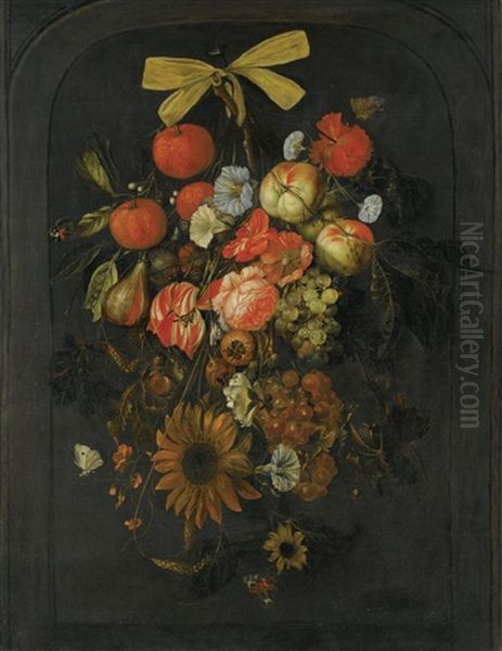 Festoon Of Flowers And Fruit Oil Painting by Cornelis De Heem