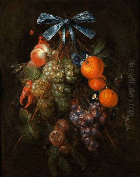 Stillleben Mit Fruchten An Einer Seidenschleife Hangend Oil Painting by Cornelis De Heem