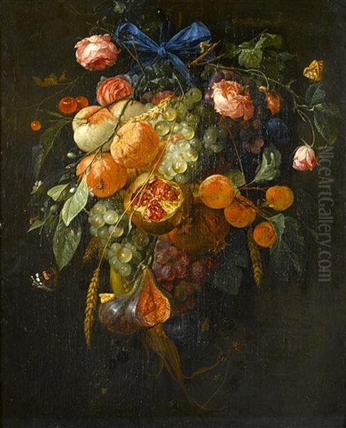 Guirlande De Roses Et Fruits, Insectes Et Papillons Retenue Par Un Ruban Bleu Oil Painting by Cornelis De Heem