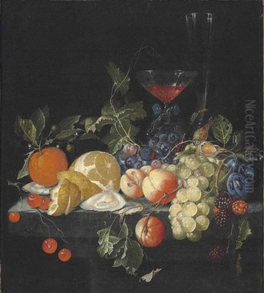 Grapes, Oysters, A Partially Peeled Lemon, Peaches, And Other Fruit, With A Facon De Venise Glass Of Wine And Another Glass On A Stone Ledge Oil Painting by Cornelis De Heem