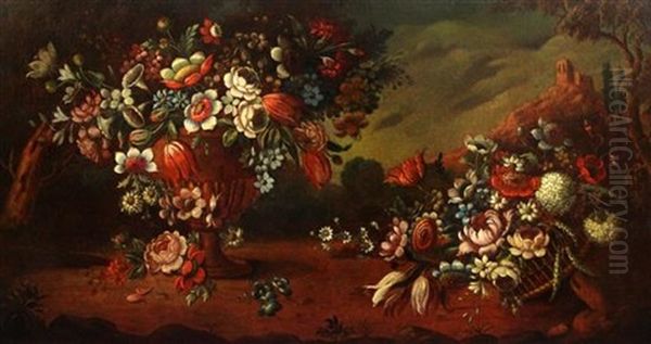 An Urn Of Flowers Alongside A Basket Of Flowers, A Landscape Beyond Oil Painting by Cornelis De Heem