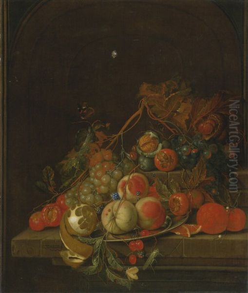 Still Life Of Peaches, Grapes, A Lemon, Oranges And Other Fruit On A Pewter Plate Resting On A Stone Ledge With Nuts, A Grasshopper And A Butterfly, All In A Niche Oil Painting by Cornelis De Heem