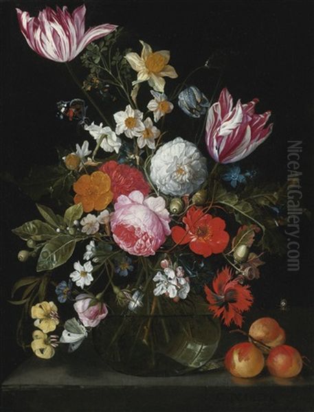 Still Life Of Flowers In A Glass Vase On A Stone Ledge Oil Painting by Cornelis De Heem