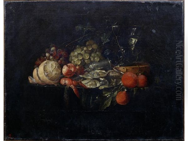 A Roemer Of White Wine With A Peeled Lemon, Grapes And Oysters On A Draped Table-top Oil Painting by Cornelis De Heem