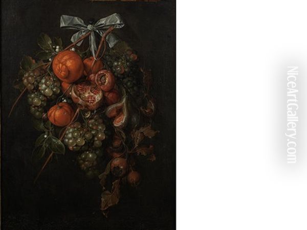 White Grapes, Oranges, A Pomegranate, Figs, Plums And Chestnuts Tied With A Blue Ribbon And Attached To A Nail Oil Painting by Cornelis De Heem