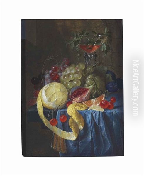 A Partly-peeled Lemon, Fig, Slice Of Orange, Cherries, Plums And Bunches Of Grapes With A Facon De Venise Wine Glass On A Draped Stone Ledge Oil Painting by Cornelis De Heem