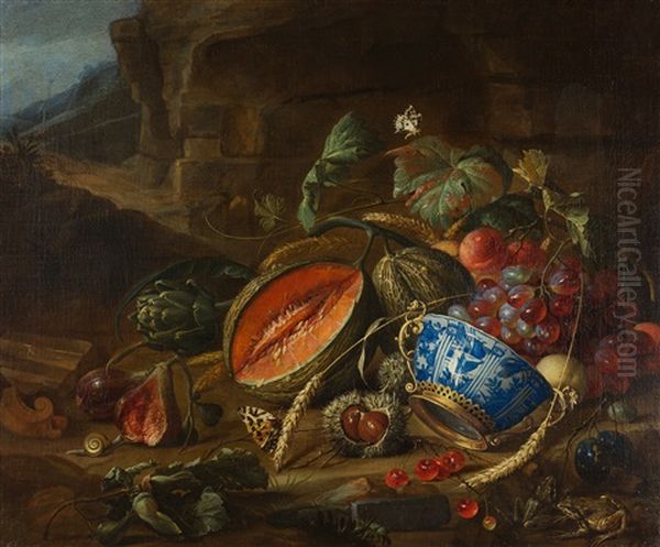 Fruchtestillleben Mit Einer Wan-li Schale In Einer Landschaft by Cornelis De Heem