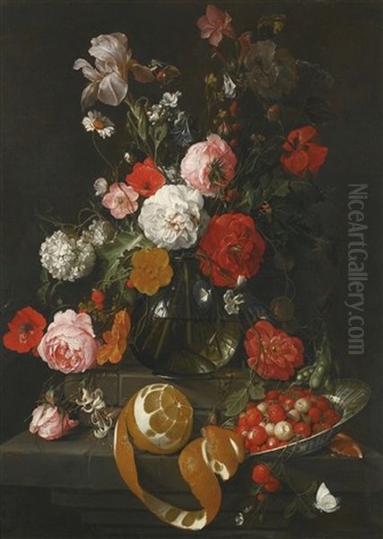 A Still Life Of Roses, Poppies, Lillies And Other Flowers In A Glass Vase On A Marble Shelf Oil Painting by Cornelis De Heem