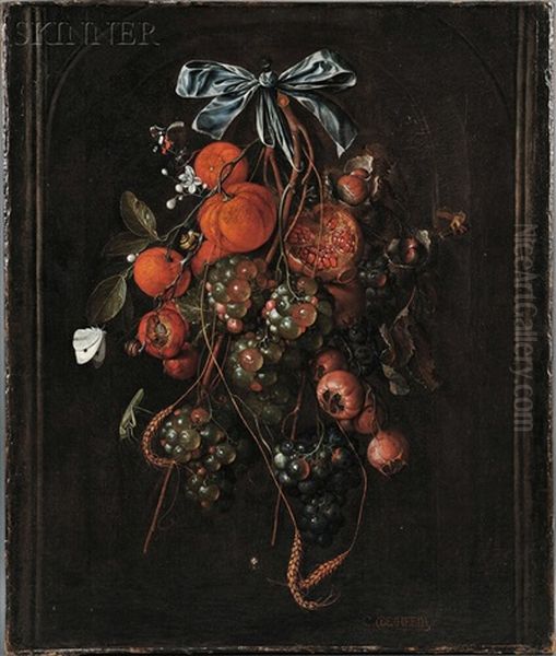 Autumn Still Life With Pomegranates, Chestnuts, Oranges, White And Red Grapes, Plums, Wheat, And Insects Oil Painting by Cornelis De Heem