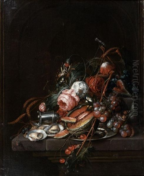 Nature Morte D'huitres, Raisins, Melon, Cerises Et Roses Sur Un Entablement Oil Painting by Cornelis De Heem