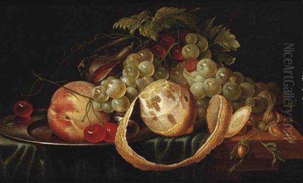 A Lemon, White Grapes, A Peach And Cherries On A Pewter Plate, A Fig And Hazelnuts, All On A Partially Draped Stone Ledge Oil Painting by Cornelis De Heem