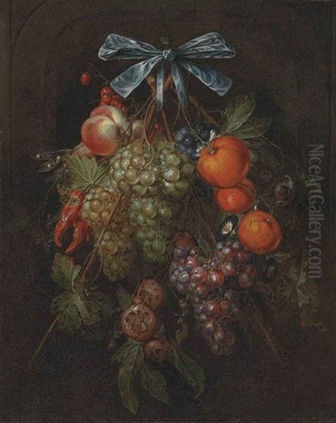 A Swag Of Grapes, Peaches, Tangerines, Chillies, Morning Glory, Blackberries And Other Fruits Hanging From A Bow, In A Stone Niche Oil Painting by Cornelis De Heem