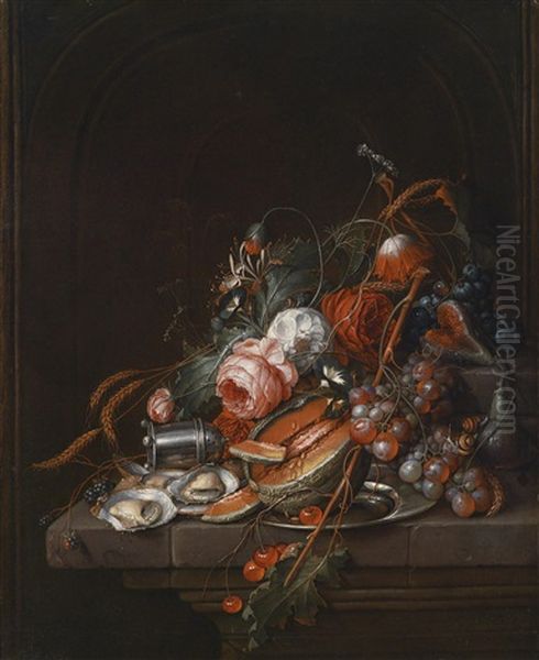 Stillleben Mit Austern, Trauben, Kirschen, Rosen, Einem Teller Und Einem Salzstreuer Oil Painting by Cornelis De Heem