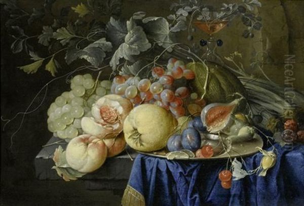 Stilleben Mit Pfirsichen, Trauben, Pflaumen, Kirschen, Nussen, Einer Melone, Sellerie, Einem Zinnteller Und Einem Facon-de-venise Glas Auf Einer Tischplatte Oil Painting by Cornelis De Heem