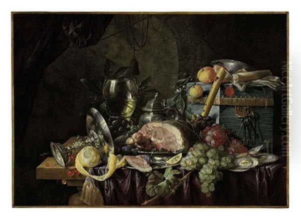 A Ham On A Pewter Plate, Grapes, Berries, Plums, Lemons, And Oysters With A Roemer, Tazza, Pitcher, Wan-li Porcelein Dish, Recorder, Book... Oil Painting by Cornelis De Heem