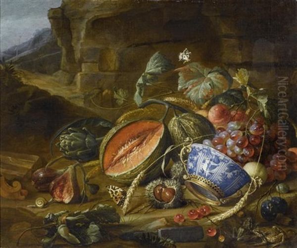 Fruchtestilleben Mit Pfirsichen, Trauben Und Kirschen In Einer Schale, Mit Insekten Und Schmetterlingen Vor Einer Grotte Oil Painting by Cornelis De Heem