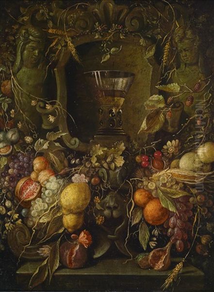 Ein Fruchtekranz Um Eine Skulptierte Steinnische Mit Einem Berkemeyer-glas Oil Painting by Cornelis De Heem