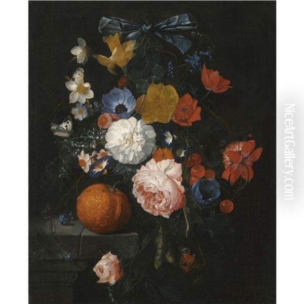 A Still Life With Roses, Daffodils, Bluebells And Other Flowers On A Stone Ledge With An Orange, Blackberries And Two Butterflies Oil Painting by Cornelis De Heem