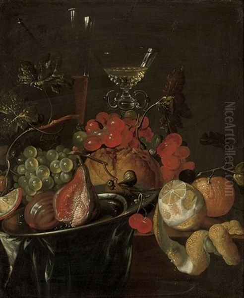 Figs And Grapes On A Pewter Platter, Two Glass Roemers, A Partly Peeled Lemon And An Orange On A Draped Wooden Ledge Oil Painting by Cornelis De Heem