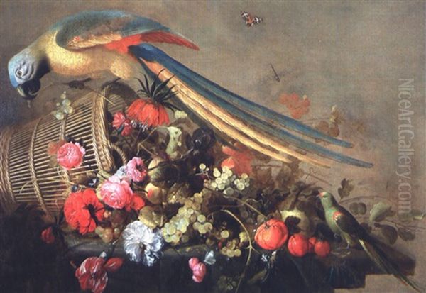 Nature Morte Au Perroquet Et A La Corbeille De Fruits Et De Fleurs Oil Painting by Cornelis De Heem