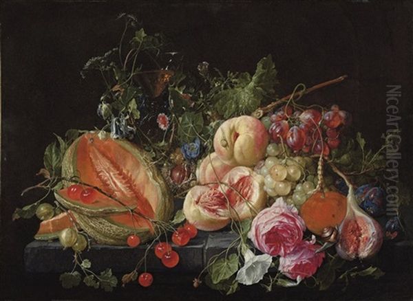 A Cut Melon, Cherries, Gooseberries, Peaches, Grapes, Figs, Plums, Flowers, Snails And Insects Oil Painting by Cornelis De Heem