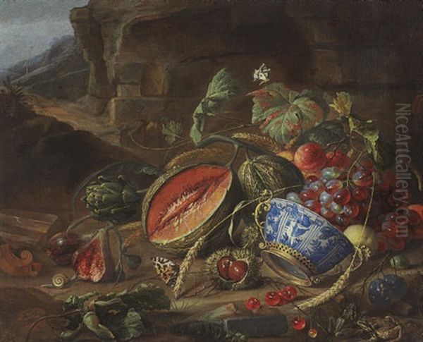 Melons, Peaches, Grapes, Cherries And Other Fruits, With A Wan-li Porcelain Bowl Oil Painting by Cornelis De Heem