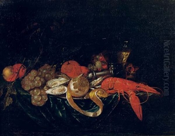 A Lobster, Oysters And A Partially Pealed Lemon On A Pewter Plate With Peaches, Grapes, Oranges, A Salt Sellar And A Glass Of Wine Oil Painting by Cornelis De Heem