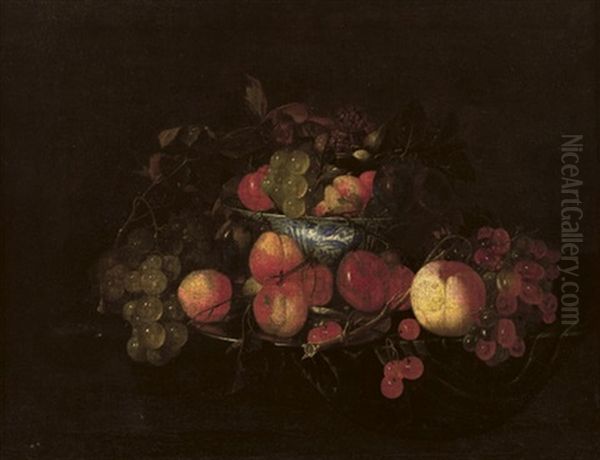 A Silver Plate With Peaches And Cherries, A Wan-li Kraak Porcelain Bowl With White Grapes, Peaches And Plums And Red Grapes Nearby Oil Painting by Cornelis De Heem