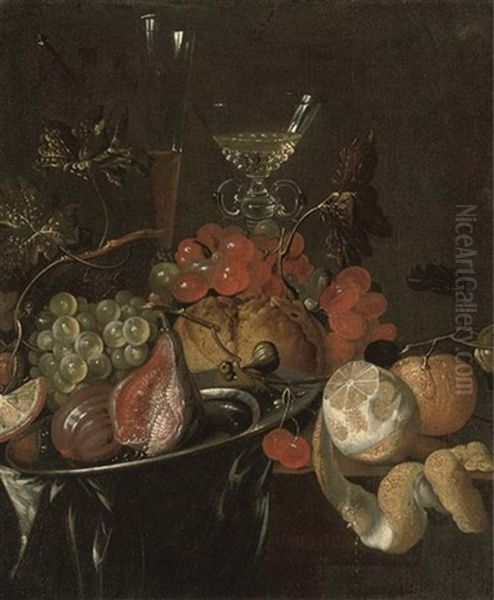 Figs On A Pewter Plate, A Parly-peeled Lemon, An Orange, Grapes And Two Glasses On A Partly-draped Wooden Ledge Oil Painting by Cornelis De Heem