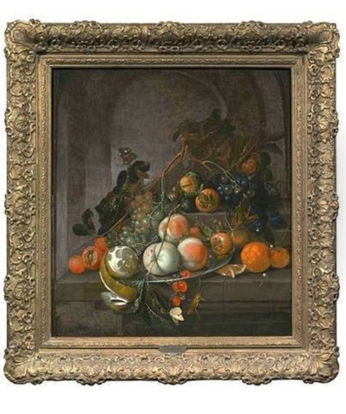 Stilleben Mit Einer Geschalten Zitrone Und Anderen Fruchten Auf Einer Steinernen Tafel Vor Einer Nische Oil Painting by Cornelis De Heem