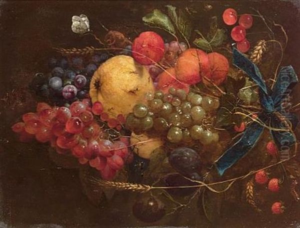 A Swag Of Cherries, Strawberries, Apricots, Grapes, Lemons, Plums And Ears Of Corn Hanging From A Blue Ribbon With A Cabbage White Butterfly, A Caterpillar And Other Insects Oil Painting by Cornelis De Heem