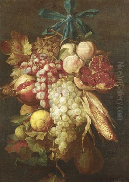 Stilleben Mit Weintrauben, Maiskolben Und Sudfruchten, An Einer Zierschleife Hangend Oil Painting by Cornelis De Heem