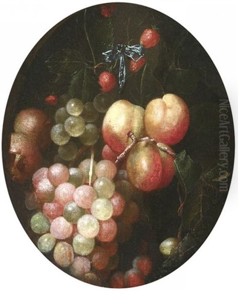 Fruchtestilleben Mit Himbeeren, Pfirsichen Und Trauben In Einem Medaillon Oil Painting by Cornelis De Heem