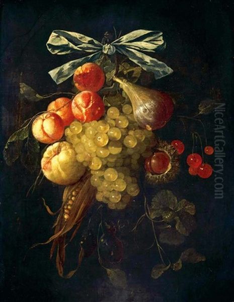 A Swag Of Abricots, Grapes, Cherries, A Fig, Chestnuts, Corn And Oranges Tied With A Blue Ribbon Oil Painting by Cornelis De Heem