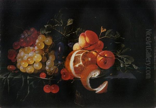 A Partly-peeled Lemon, Grapes, Cherries, Apricots And Plums On A Pewter Plate On A Partly Draped Stone Ledge Oil Painting by Cornelis De Heem