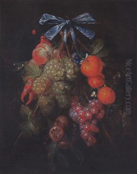 A Festoon Of Grapes And Other Fruit, Pea Pods, And Two Wood Snails, Tied With A Ribbon And Hanging From A Nail Oil Painting by Cornelis De Heem