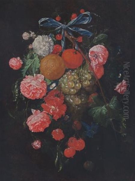 A Festoon Of Roses, Morning Glory, An Orange, Mandarines, Grapes, Cherries And Pea Pods, Tied Togetherwith A Blue Ribbon And Hanging From A Nail Oil Painting by Cornelis De Heem